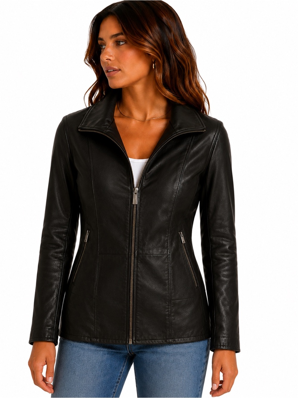 Kenneth Cole Black Faux Leather Zip Jacket